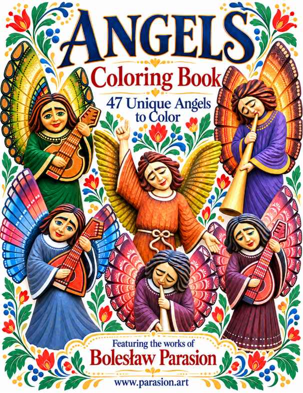 Portada de Ángeles — un libro para colorear para adultos. 47 ángeles originales. Obras de Bolesław Parasion.